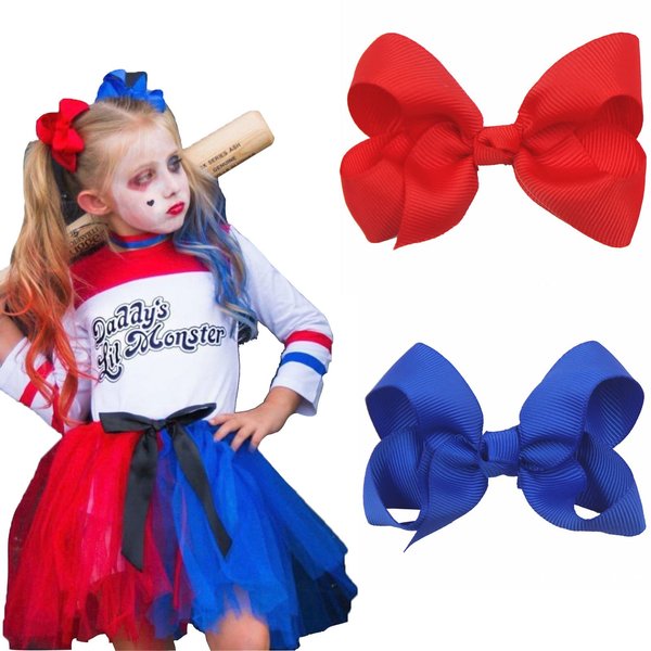 AUOCATTAIL 2pcs Red Blue Ribbon Bow Hair Clip, Clown Hair Accessories 3 Inches for Girls Kids Independence Day decoration