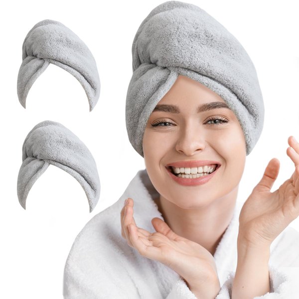 AGLIFEFY 2 Pack Microfiber Hair Towel Wrap for Women Super Absorbent Quick Dry Hair Turban for Drying Curly, Long & Thick Hair 10 inch X 26 inch Lightgrey+Lightgrey