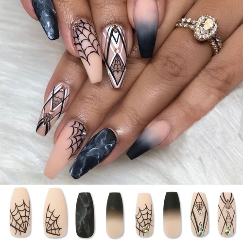 TailaiMei 48Pcs Halloween Press on Nails Long Fake Nails with Self-Adhesive Jelly Nail Glue Tabs, Spider-Web Artificial Nails Acrylic Full Cover Nails False Fingernails for Women (Spider-Web)