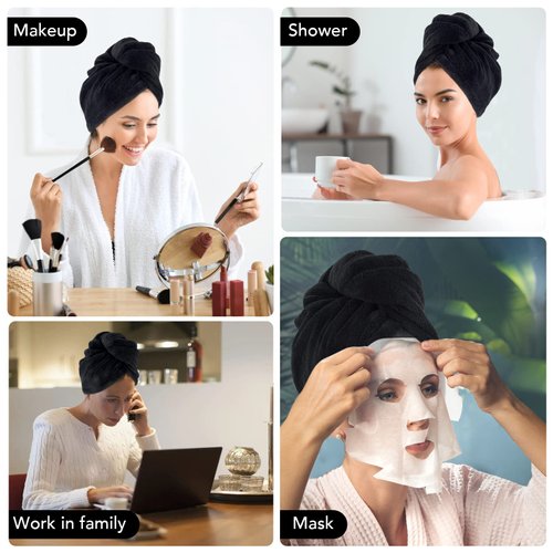 SINLAND Microfiber Hair Drying Cap Hair Towel Turban Twist for Long Hair Fast Drying Towels Head Turban Absorbent Soft Lightweight 3 Pack Black