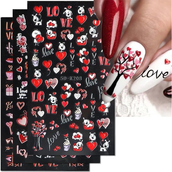 Valentine's Day Nail Art Stickers Decals Cute Bear Heart 5D Embossed Nail Decals Red Heart Lover Cartoon Valentine Nail Art Design Supplies Manicure Decals Relief Sliders for DIY Nail Art Decoration