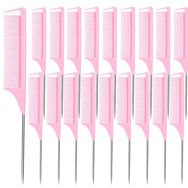 Rat Tail Combs 20 PCS, Parting Combs for Braiding Hair Carbon fiber heat-resistant anti-static,for Sectioning, Parting, Styling Hair (Pink)