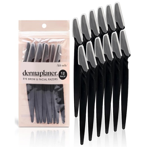 Kitsch Dermaplaning Tool - Face Razors for Women and Men, Eyebrow Trimmer & Face Shaver for Women, Facial Hair Removal for Women and Men, Dermaplane Razor for Women Face, 12 pc (Black)
