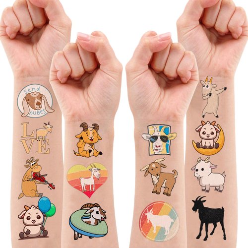 Goat Temporary Tattoos 8 Sheets 80 PCS Farm Goat Party Decorations Supplies Favors Animals Theme Birthday Cute Stickers Christmas Gifts for Boys Girls Kids Class School Prizes Carnival