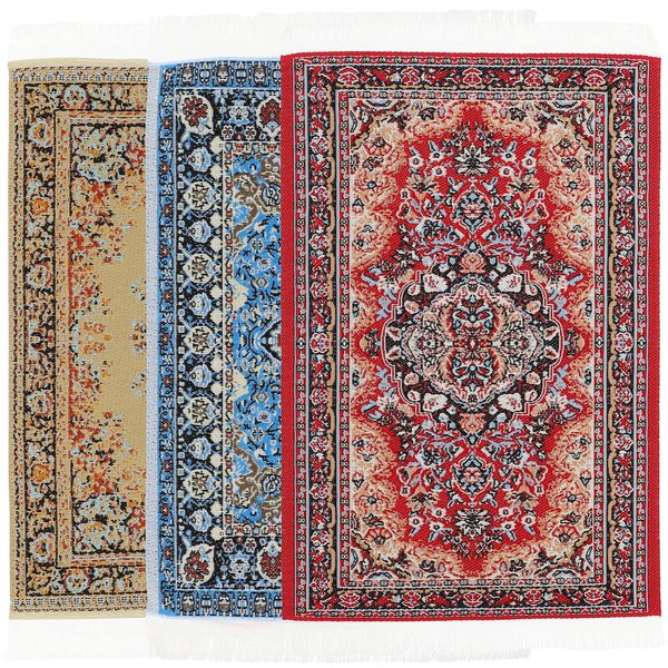 LOGOFUN 3Pcs Dollhouse Miniature Carpet Retro Floor Mat Mini Vintage Woven Rugs Tiny House Accessory