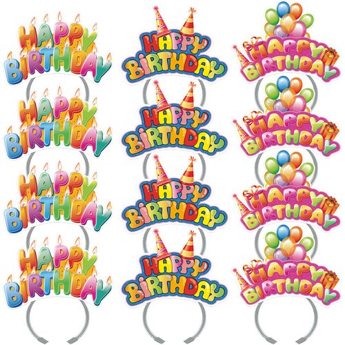 KKBES 12 Pack Happy Birthday Headbands, Paper Birthday Party Hats, Birthday Hats for Adults and Kids, 3 Patterns