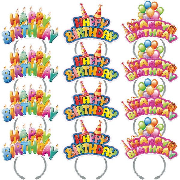 KKBES 12 Pack Happy Birthday Headbands, Paper Birthday Party Hats, Birthday Hats for Adults and Kids, 3 Patterns