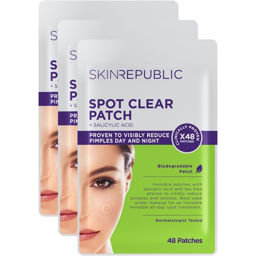 Skin Republic Spot Clear Patches, Salicylic Acid and Tea Tree, Acne Treatment, Women, Men 48 Transparent Patches for Overnight Healing, Pack of 3