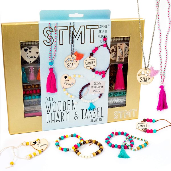 STMT DIY Wooden charm & Tassel Jewelry Art & Craft Kit by Horizon Group USA, Design & Create 10Piece of Vsco Girl Jewelry, Includes Wood Charms, Colorful Tassels, Beads, Chains & More, Multicolored