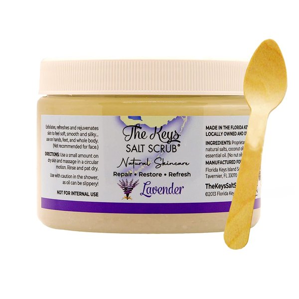 The Keys Salt Scrub, Lavender Foot and body Scrub, Exfoliating body scrub for Women, Men hands, and bikini area Made with Florida Sea Salt, Organic Essential Oils, Nutrients & Wooden Spoon (12 oz).