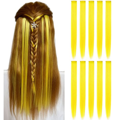 MQY COLOR Yellow Hair Extensions Colored Clip in Hair Extensions 21Inch Rainbow Hair Synthetic straight Hair Extensions for Women Girls Kids Birthday Gift Multi-Colors Party Clip in Synthetic Hairpiece 10 pcs (Yellow)