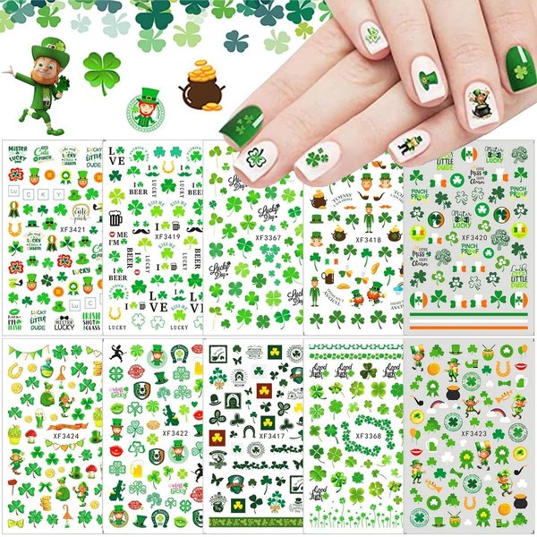 St. Patrick's Day Nail Art Stickers Decals 3D Self Adhesive Nail Design Irish Nail Stickers Shamrock Nail Decals for Women Girls Saint Patrick's Day Nail Decoration 10 Sheets