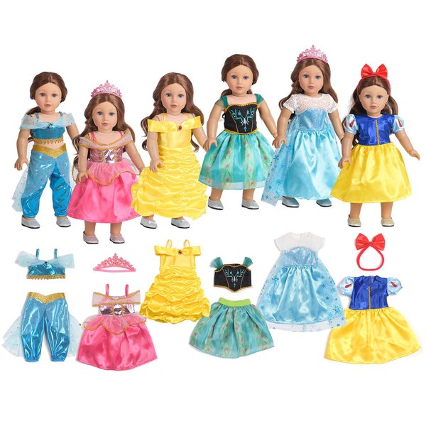 Sweet Dolly Doll Clothes 6 Sets Princess Dresses Accessories Doll Costume Jasmine Aurora Belle Snow White Dresses for 18 Inch Doll