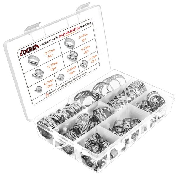 LOKMAN Stainless Steel Hose Clamp Assortment Kit- 60 Pieces, Adjustable 1/4''- 1-1/2'' (6-38mm) Worm Gear Metal Fuel Line Clamp for Plumbing, Automotive And Mechanical Applications