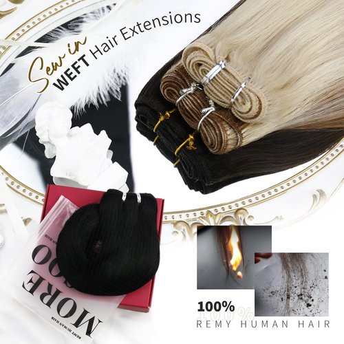 Moresoo Hand Tied Weft Hair Extensions Human Hair Brown Highlight Sew in Hair Extensions Real Human Hair Darkest Brown Highlighted with Light Brown Double Weft Hair Wefts Sew in Extensions 100g