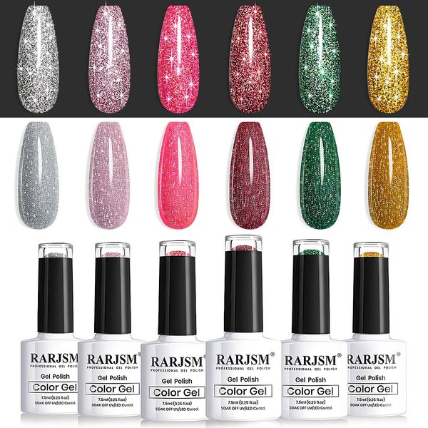 RARJSM Glitter Gel Nail Polish Set, Reflective Shinny Gel Polish Explosion Diamond Nail Gel 6PCS Gold Hot Pink Green Red Silver Gel Nail Art Varnish Manicure Kit in Gift Package