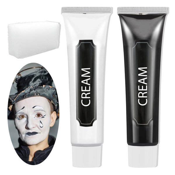 Black and White Face Body Paint,2PCS Oil Based Full Coverage Face Painting Kit with Sponge,Washable Halloween Cream Face Paint SFX Makeup Kit for Goth Clown Zombie Festivals Skull Skeleton Cosplay