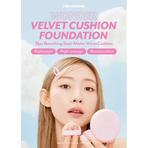 I'M MEME Wonder Velvet Cushion Foundation | Semi-Matte Cushion | Lightweight, High Coverage, Skin Moisturizing, Anti-darkening, Light Foundation makeup, Korean Cushion Foundation | 02 Beige