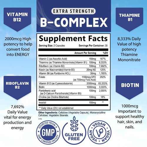 B Complex Vitamins with Vitamin C & Folic Acid - Dietary Supplement for Energy, Immune, & Brain Support - Nature's Super B Vitamin Complex for Women and Men, Made with Folate - 60 Vegetarian Capsules