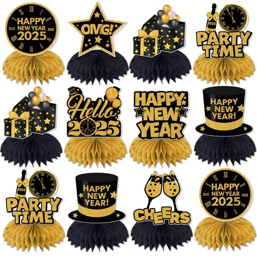 New Years Eve Party Supplies 2025, 12 Pcs Happy New Year Decorations 2025 Honeycomb Centerpieces, New Years Table Decorations 3d Double Side Table Centerpieces, New Years Eve Decorations for Table
