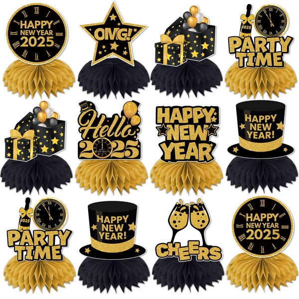 New Years Eve Party Supplies 2025, 12 Pcs Happy New Year Decorations 2025 Honeycomb Centerpieces, New Years Table Decorations 3d Double Side Table Centerpieces, New Years Eve Decorations for Table