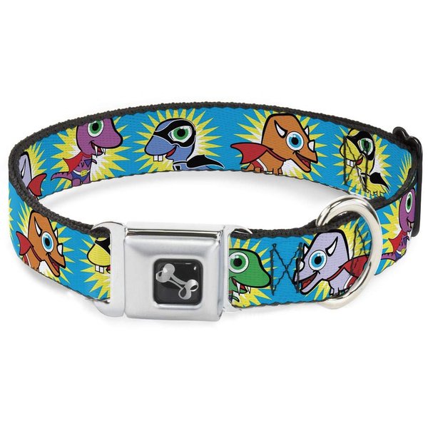 Buckle-Down Seatbelt Buckle Dog Collar - Dinosaur Superhero Baby Blue - 1" Wide - Fits 9-15" Neck - Small