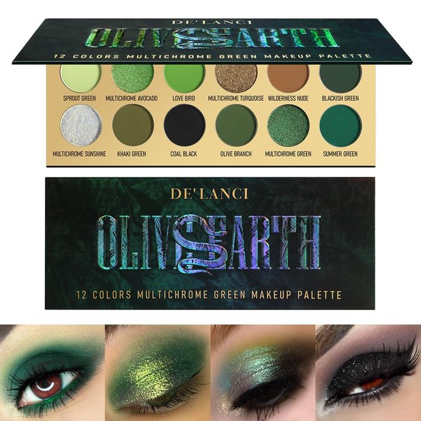Olive Green Eyeshadow Palette, Black Green Multichrome Eyeshadow for Green Smokey Eyes, 12 Colors Matte Glitter Pigmented Powder Long Lasting Green Brown Eye Makeup Pallet for St. Patrick's Day, Vegan