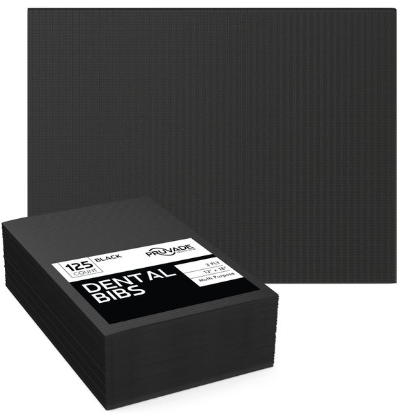 Pruvade Dental Bibs - 125 Pack Adult Disposable Bibs for Dentist, Eating, Tattooing - 13" x 18" - 3-Ply Waterproof Medical Sheets for Piercing, Tattoo Table Station, Nail Techs, Patient Hygiene- Black