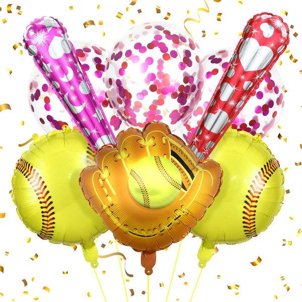RUMIA Softball Balloons Set, 8 Pc Aluminum Foil Balloons for Girls Kids Teens Sport Themed Birthday Baby Shower Party Supplies, Round Shape, Confetti, Bells, Unisex