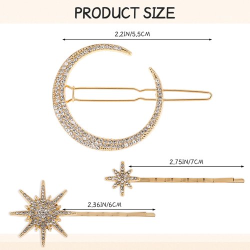 Qianyu 3 Pieces Stars and Moon Hair Clips Metal Alloy Rhinestone Decorative Bobby Pins Retro Stars and Moon Shape Bride Wedding Hair Side Barrettes Hair Accessories for Women and Girls