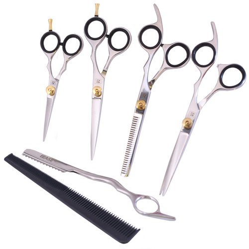 Japanese Steel Hair Cutting Shears - Salon Quality hair Scissors Set With 3 barber Shears 4.5, 6, 7 Inch, 1 Thinning Scissor 7 Inch, 1 Hair Razor, 1 Comb - Barber Student Kit (POLISH)