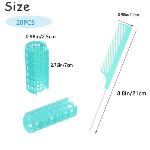 ZMD 20PCS Plastic Hair Curlers Rollers Set, Green (0.98in/2.5cm), Self Grip Hair Rollers with Mini Comb for Long Short Medium Thin Hair