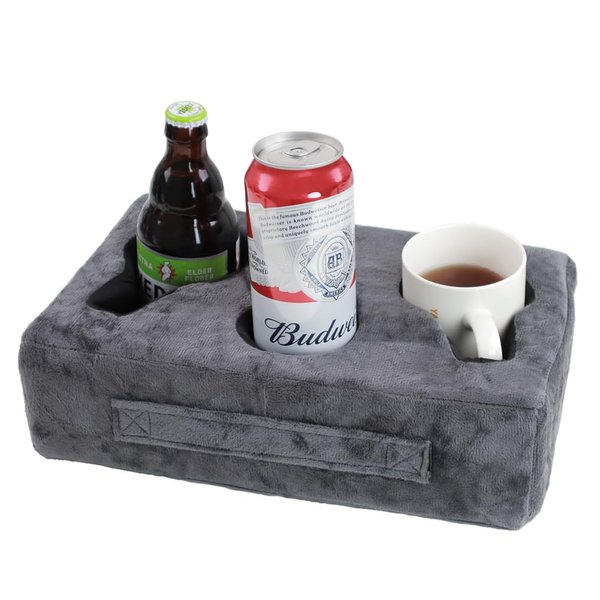 Sofa Cup Holder, Couch Cup Holder Pillow, Sofa Arm Table, Sofa and Bed Drink Caddy, Remotes Holder, for RV, Car, Beach（Grey）