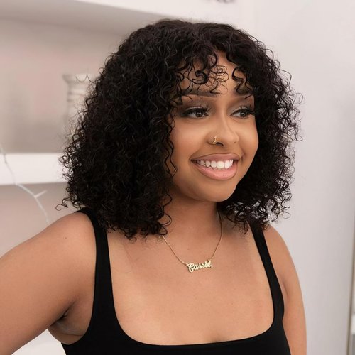 Short Curly Bob Wig with Bangs Human Hair Glueless Wear and Go None Lace Front Human Hair Bob Wigs for Black Women Real Brazilian Unprocessed Virgin Hair Wigs 10 Inch