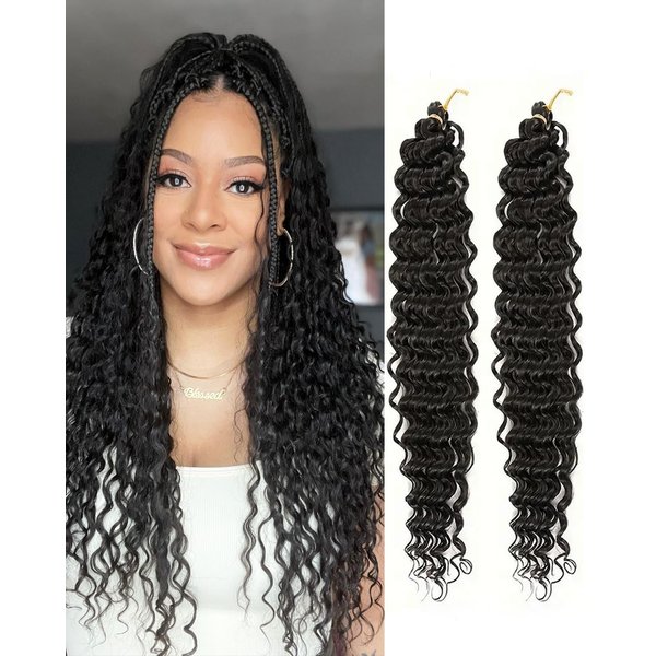 Cypsin Curly Crochet Hair 30Inch 2 Packs Deep Wave Crochet Hair with Crochet Hook, Long Ocean Wave Braiding Hair for Women, Synthetic Hair Curly Braiding Hair Extensions Natural Black(1B)