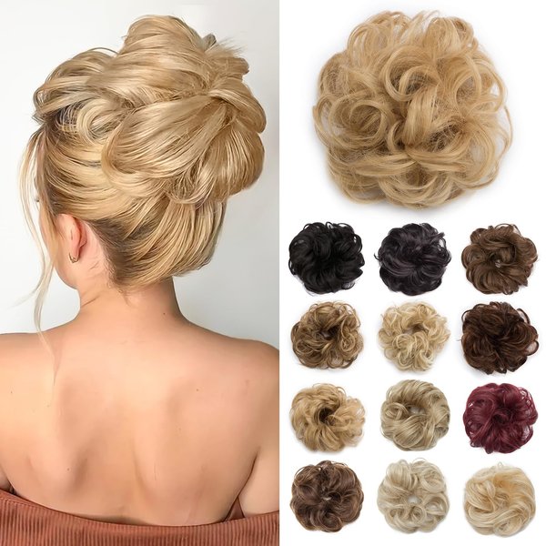Benehair Messy Bun Hair Piece Scrunchy Updo Hair Pieces for Women Fluffy Wavy Hair Bun Scrunchies Donut Hairpiece Synthetic Chignons With Elastic Rubber Band Dark Blonde & Ash Blonde 1pc 25g