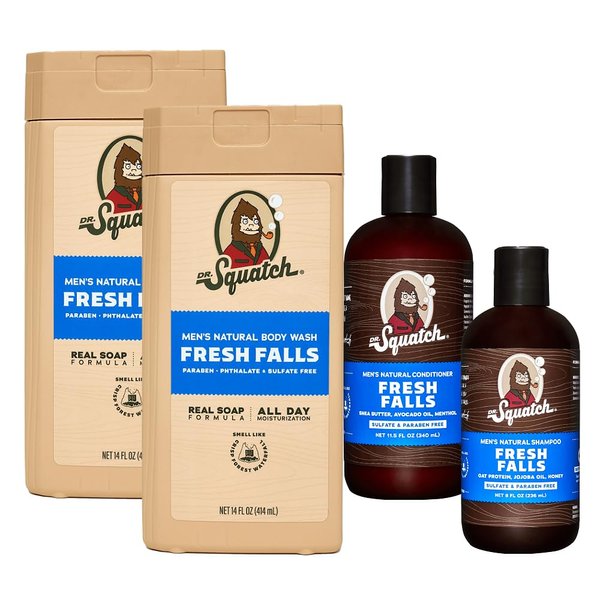 NEW Dr. Squatch Natural Body Wash and Hair Kit for Men Gift Set - Fresh Falls - Non-Exfoliating Body Wash (14 oz, 2 Pack) + Shampoo (8 oz) + Conditioner (11.5 oz)