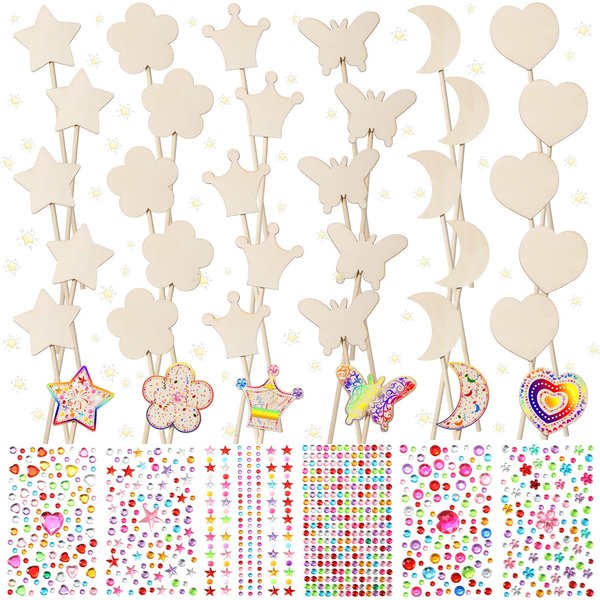 42 Pcs Princess Fairy Wands Kit, Include 36 Pcs Wooden Unfinished Wand DIY Princess Wand with 6 Sheet Colorful Diamond Sticker for Girls Make Your Own Princess Wand, Cosplay Costume Party Favor