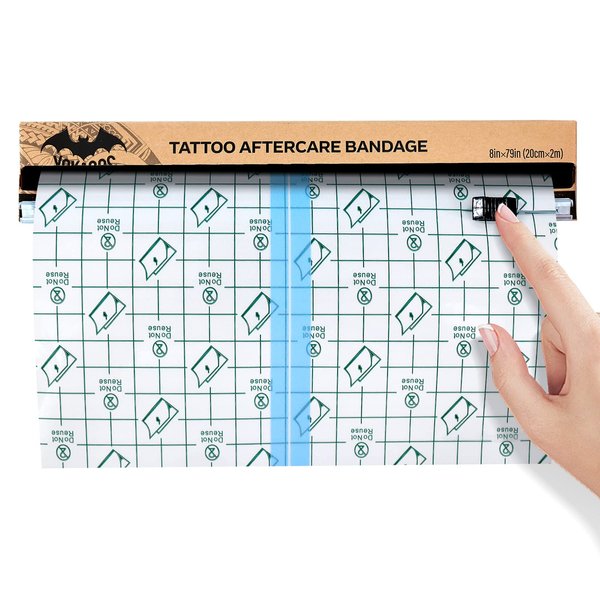 Tattoo Aftercare Bandage Roll 8in x 2.2Yard with Slide Cutter, Waterproof Transparent Film Dressing Second Skin Tattoo Healing Protective Wrap Tattoo Supplies