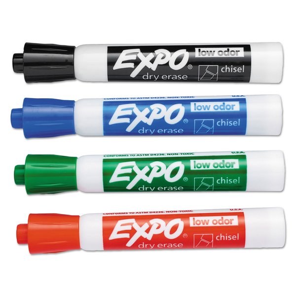 EXPO Low Odor Dry Erase Markers, Chisel Tip, Basic Assorted, 4 pk