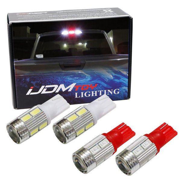 iJDMTOY Complete 4pc High Power 10-SMD 921 912 920 168 T10 Replacement Bulbs Compatible With Truck 3rd/Third Brake Lamp (Two Xenon White, and Two Brilliant Red)