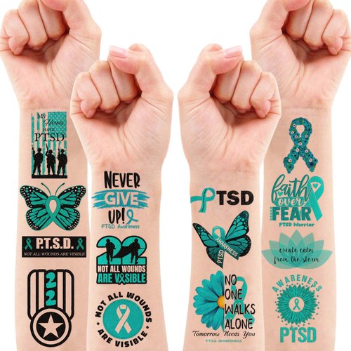 Generic 105 PCS PTSD Awareness Stickers Tattoos Teal Awareness Ribbon Veteran Party Decorations Supplies Favors Gifts for Kids Adults Men Women Prizes Rewards