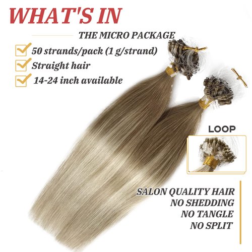 Blonde Micro Beads Hair Extensions Human Hair 20 Inch Natural Hair Extensions Color Dark blonde Balayage Hair Extensions Micro Ring Hair Extensions 50G/50S Beaded Hair