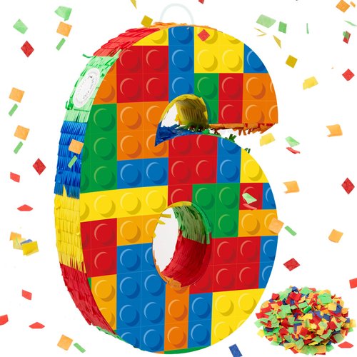 RoundFunny Number 6 Building Blocks Piñata 16.5 Inch Piñata Party Supplies 6th Birthday Party Decorations Piñata with Confetti Blocks Theme Fiesta Anniversary Celebration