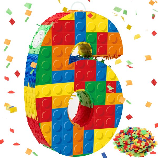 RoundFunny Number 6 Building Blocks Piñata 16.5 Inch Piñata Party Supplies 6th Birthday Party Decorations Piñata with Confetti Blocks Theme Fiesta Anniversary Celebration