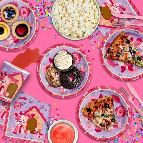 Pink Girl Puppy Dog Birthday Party Supplies Set Plates Napkins Cups Tableware Kit for 16