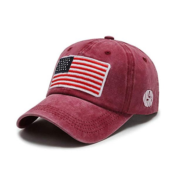 Red Vintage Distressed Pigment-Dyed American Flag Baseball Cap - Adjustable Low Profile Curved Brim Patriotic Dad Hat for Men or Women