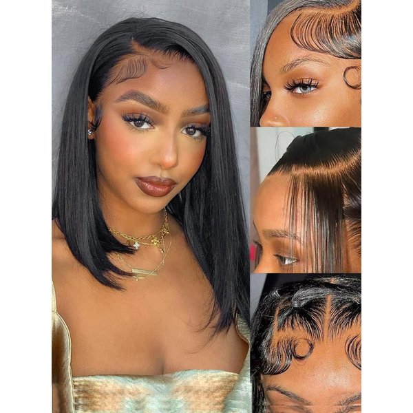 Bob Wig Human Hair 13x4 HD Frontal Lace Wig Short Straight Bob Wigs for Women Glueless Bob Lace Front Wigs Human Hair Pre Plucked 150% Density Natural Black Color 10 inch (13x4 bob wig, 14 inch)