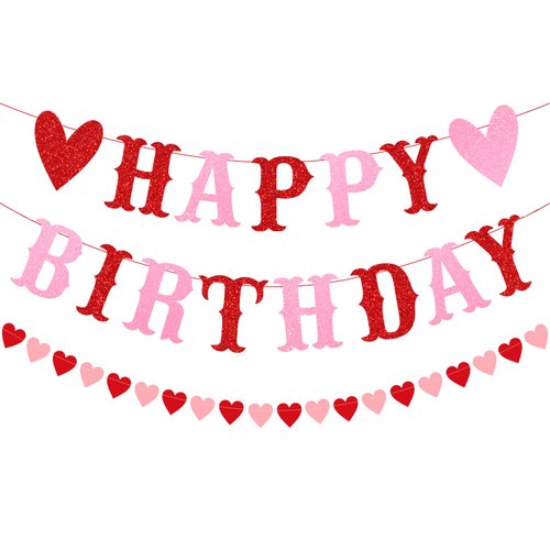 PTFNY Glitter Happy Birthday Banner for Valentine's Day Red Pink Glittery Valentines Day Happy Birthday Garland Banner and Heart Garland Valentines Themed Birthday Party Decorations for Wall