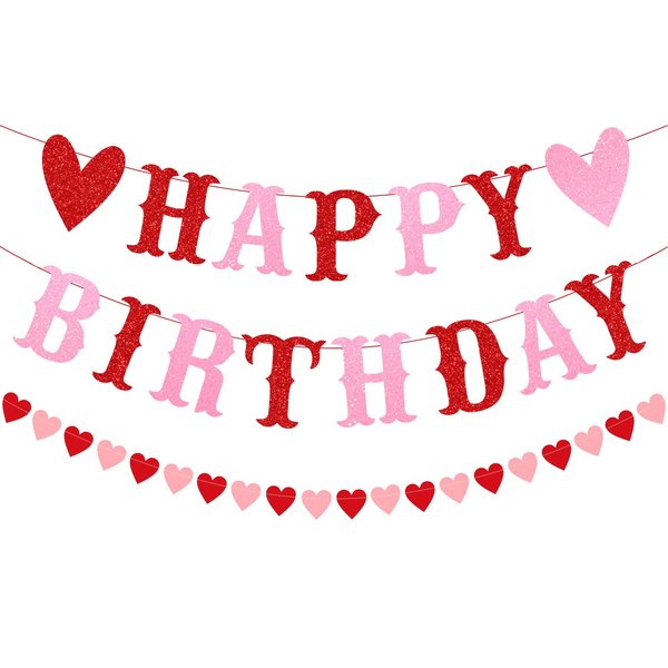 PTFNY Glitter Happy Birthday Banner for Valentine's Day Red Pink Glittery Valentines Day Happy Birthday Garland Banner and Heart Garland Valentines Themed Birthday Party Decorations for Wall